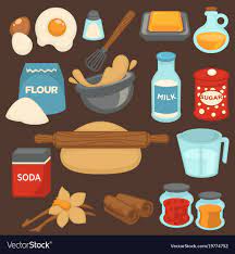 Baking Ingredients And Baker Kitchen Tools For Bread And Pastry Cakes Bake Vector Flat Icons Of Dough And R Baking Ingredients Bread And Pastries Adobe Recipe