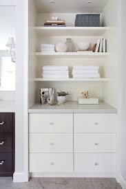 Beautifully Styled Bathroom Nook Featuring Built In Drawers Paired With Nickel Hardware Topped With Bathroom Built Ins Recessed Shelves Bathroom Drawer Storage
