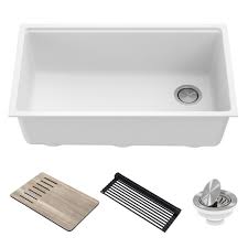 It allows you to easily clean your countertop and sweep all the crumbs right into the kitchen sink. Workstation 33 Undermount Granite Composite Single Bowl Kitchen Sink In White With Accessories