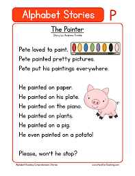 Each page has a space for a student name and date, a graphic picture box. Alphabet Stories Letter P Reading Comprehension Worksheet Have Fun Teaching Phonics Reading Phonics Reading Passages Reading Comprehension Worksheets