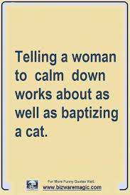 Telling A Woman To Calm Down Works About As Well As Baptizing A Cat Click The Pin For More Funny Q Funny Encouragement Quotes Funny Encouragement Funny Quotes