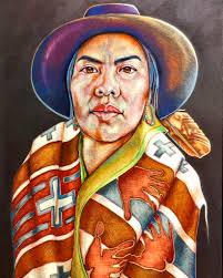 Gisela McDaniel tells a story of three generations of Navajo women in this  painting: a grandmother, a daughter, and a granddaughter. The work is  collaged with found objects, including a photo of