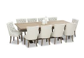One round dining table + eight dining chairs + one long buffet with mirror frame and marble + one cabinet with glass shelves. Beige La Salle Mk3 11 Piece Dining Suite Amart Furniture