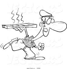 The coloring page features a pizza delivery boy rushing to deliver the pizza. Vector Of A Cartoon Pizza Delivery Man Running Outlined Coloring Page By Toonaday 19294