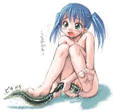 bosshi, copyright request, translated, 1girl, :o, barefoot, bestiality,  blue hair, blush, censored, creature inside, eel, feet, flat chest, green  eyes, hugging own legs, interspecies, knees to chest, knees together feet  apart, loli,