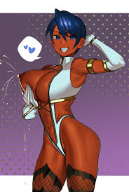 formasikurakura, nia (nia4294), moriah (chronicles of mystara), absurdres,  highres, 1girl, abs, blue eyes, blue hair, breasts, cleavage, dark-skinned  female, dark skin, deep skin, elbow gloves, gloves, grin, heart, lactation,  large breasts, leotard,