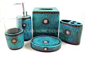 Western Turquoise Bathroom Accessory Set 5 Piece Tooled Leather Look Rhinestones Turquoise Bathroom Accessories Turquoise Bathroom Western Bathroom Accessories