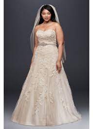 Style 9wg3909 champagne strapless wedding dress with lace details and trumpet skirt. Tulle A Line Plus Size Wedding Dress With Lace David S Bridal
