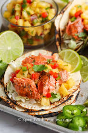 Squeeze quartered limes over the salmon mixture, give it a quick stir, and plate up the salmon (i usually drain a little liquid off at this point). Salmon Tacos With Pineapple Salsa Quick Easy Spend With Pennies