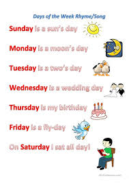 The ease of singing has a lot to so with the song you choose. Days Of The Week Rhyme Song Worksheet Free Esl Printable Worksheets Made By Teachers English Poems For Kids Kindergarten Songs Classroom Songs