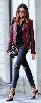 Can T Wear Those Heels But The Outfit Is Stellar Fashioned Chic Bordeaux Leather Jac Burgundy Leather Jacket Outfit Fashion Leather Jacket Outfits
