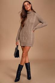 Crisp Mornings Taupe Cable Knit Turtleneck Sweater Dress Cable Knit Turtleneck Sweater Turtleneck Dresses Long Cable Knit Turtleneck Sweater Dress