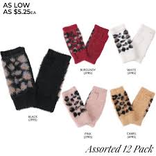 It goes so well with my coloring. Assorted Fuzzy Leopard Print Knit Fingerless Gloves 12 Pack Fingerless One Size Fits Most 12 Pair Individually Wrapped Per Pack 5 Assorted Colors 4 Camel 2 Burgundy 2 Pink 2 Ivory 2 Black 100 Acrylic 7307092 Wholesale