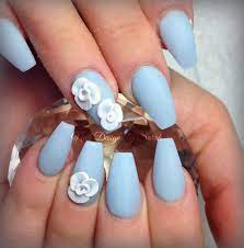 Powder Blue Matte Coffin Nails With 3d Sculpted Flowers Powder Blue Nails Luxury Nails Types Of Nails