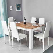 Crafted from solid wood with turned legs, the table, chairs and bench pair warm stained oak and painted white finishes for a versatile look that works well in a variety of kitchen or dining room. Wooden Dining Table Set W 6 Faux Leather Chairs Seat Kitchen Furniture Oak White 711639638617 Ebay