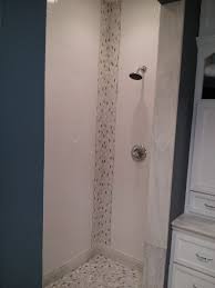 Wide turquoise glass tile border in the shower. Glass Accent Tile In Corner Shower Stall Shower Accent Tile Shower Corner Glass Tile Accent