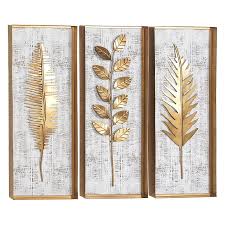 Decmode Natural Rectangular Wood And Metal Gold Leaves Wall Art Set Of 3 In 2020 Metal Leaf Wall Art Leaf Wall Art Wall Art Sets