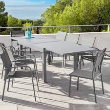 Structure en aluminium coloris anthracite avec plateau en verre gris anthracite épaisseur 5 mm. Table De Jardin Alu Bois Metal Extensible Pliante Eminza