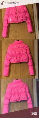Cropped Hot Pink Puffer Bubble Jacket Hot Pink Pink Patent Leather Leather Wear