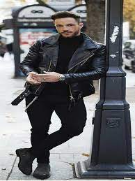 Men S Turtleneck Black Leather Jacket Stars Jackets