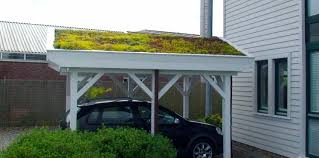 Vertical roof carports feature the same style of metal roofing construction as homes and businesses, providing an architectural design that blends in with other residential and commercial structures. Sloping Green Roof Carport Schmallenberg Sempergreen