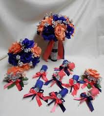 Navy blue and silver wedding bouquets. Wedding Silk Flower Bridal Bouquets 18 Pcs Package Navy Blue Coral Silver Bride Ebay