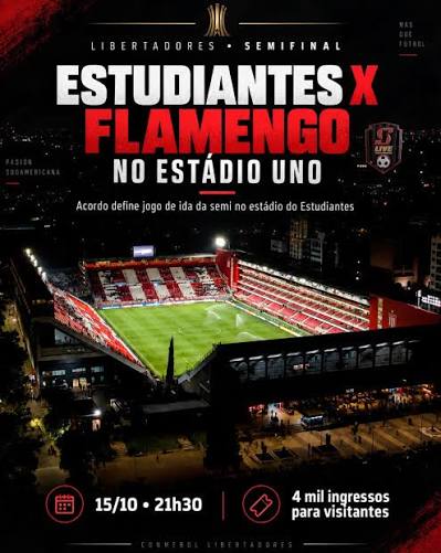 Flamengo e Estudiantes chegam a acordo por jogo no Est&aacute;dio UNO Estudiantes e Flamengo chegaram a um acordo para que o jogo de ida da semifinal da Libertadores, marcado para 15 de