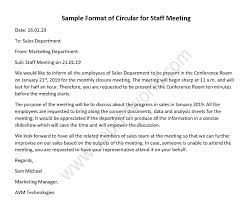 When you are not able to attend the conference due to any personal reason, you can write the regret letter to let the reader know that you will not attend the conference. Sample Of Circular For Staff Meeting Hr Letter Formats