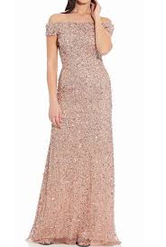 Adrianna Papell Off The Shoulder Sequin Beaded Gown In Rose Gold Poshare In 2020 Designer Dresses Online Beaded Gown Gold Sequin Gown