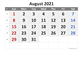 Printable Calendar August 2021 Free Premium In 2020 Calendar Printables Printable Calendar Numbers Calendar With Week Numbers