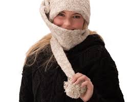 Hand Made 100% Merino Wool Long Tail Stocking Scarves Hat Combo Hooded  Scarf Polar Fleece Lined Stocking Cap Hat and Winter Scarf Combo