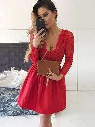 Express shipping and free returns available on all orders. Sexy Red Lace V Neck Long Sleeve Homecoming Dress Short Party Gown Newarrivaldress Com