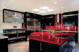 Contemporary kitchen design, white kitchen cabinets and island design with red side. Red Black And White Interiors Living Rooms Kitchens Bedrooms