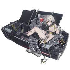 croque (neural cloud), girls' frontline, girls' frontline neural  cloud, game cg, highres, official art, adjustable wrench, ahoge, bag,  barcode, bare shoulders, box, caution, english text, expressionless, full  body, grey hair, hair ornament,