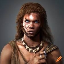 Strong male hunter in stone age tribal costume with blue eyes