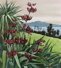 Kirsty Nixon Exhibition Red Pohutukawa And Flax Paintings Rangitoto And Coromandel Paintings Blue Sky And Sea Art Bea Landscape Artist Landscape Art Nz Art