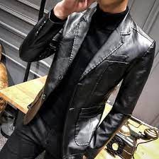 New Fashion Men Slim Fit 2 Button Blazer Suit Leather Jacket Coat Casual Outwear Mens Leather Blazer Casual Blazer Jacket Leather Jacket