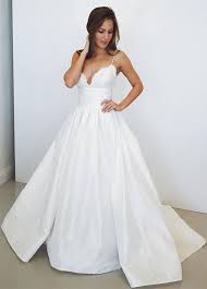 A Line Spaghetti Straps Long Satin Wedding Dress With Lace Wedding Dresses Taffeta Wedding Dress Train Wedding Dresses With Straps