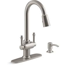 To remove the aerator, line up an adjustable wrench with the flats on the spray face and turn the wrench counterclockwise (fig. Kohler Thierry Two Handle Pull Down Sprayer Kitchen Faucet With Soap Dispenser In Vibrant Stainless K R22969 Sd Vs The Home Depot