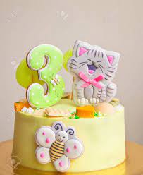 Happy birthday cake cat day cartoon illustration. Birthday Cake For Little Girl Decorated Funny Cookies With Cat Stock Photo Picture And Royalty Free Image Image 133155932