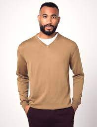 Men S Camel V Neck Merino Wool Sweater Slim Fit Hawes Curtis