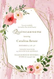 Polygonal Frame And Blush Flowers Quinceanera Invitation Template Greetings Island Flower Birthday Invitations Flower Invitation Flower Baby Shower Invites