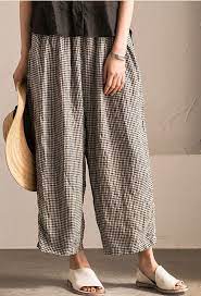 Lovely Black White Grid Wide Legged Pants Linen Casual Trousers K107b Linen Casual Fashion Linen Pants