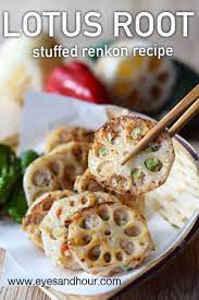 Renkon Yakitori Recipe Japanese Stuffed Lotus Root Eyes And Hour Recipe Recipes Lotus Root Recipe Root Recipe