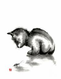 Artwork Japanese Art Black And White Funny Cute Little Black Cat And Beetle Japanese Sumi E Original Ink Painting Art Print By Mariusz Szmerdt Original Ink Painting Cat Painting Paintings Art Prints