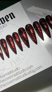 LUST Press on Nails Black Red Foil Chrome Nails Gothic - Etsy Finland