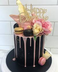 Happy Birthday Rose Gold Cake Black Pink Gold Cake Happybirthday Dripcake Blackganache Birthdaycake Macarons Edib Pink Gold Cake Black And Gold Birthday Cake Beautiful Birthday Cakes