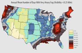 US Map of Annual Mean Number of Days With Very Heavy Fog (Visibility of  Less Than 0.25 Mile) [2000x1300] : rMapPorn