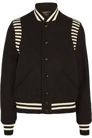 Black And White Striped Bomber Jacket Saint Laurent S Bomber Jacket Has Been Crafted In Italy From Wool Blend Pique And Finished With Striped Jersey Tr White Bomber Jacket Wool Blend Jacket Jackets