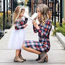 Popreal Mommy And Me Outfits Stretchy Plaid Christmas Dresses Long Sleeve Family Matching Outfits Clothing Shoes Jewelry